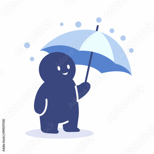 Flat vector illustration of a simple blue character holding an umbrella symbolizing protection, safety, insurance or risk management concept.