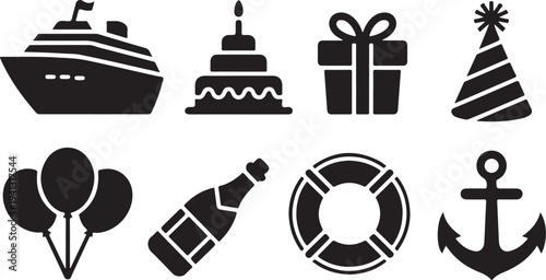 Collection of party and nautical celebration icons including a cruise ship cake gift hat balloons champagne lifebuoy and anchor