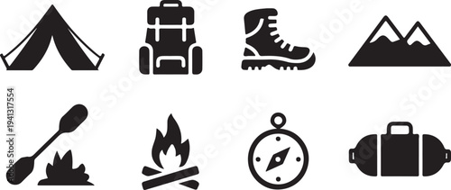Set of outdoor adventure and camping equipment icons including tent backpack boot mountains paddle campfire compass and duffel bag