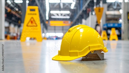 Yellow safety helmet with caution signs
