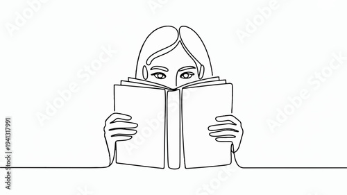 Woman reading book with peeking eyes behind simple line art illustration minimalistic style white background