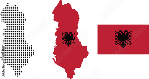 Albania Map Silhouette Set with National Flag and Emblem Illustration