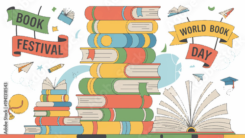 Colorful stacked books with school supplies and world book day banners on white background