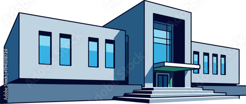 Modern office building vector illustration with blue facade and entrance