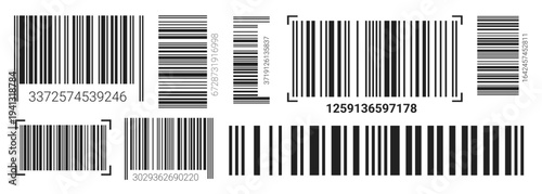 EAN-13 barcode label set with black lines on white background. Clean vector code design for product scanning, pricing, and retail inventory identification systems