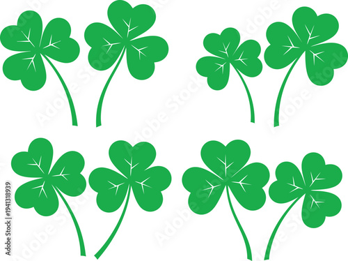 A vibrant illustration of six four leaf clovers on green stems against a white background for st patrick's day