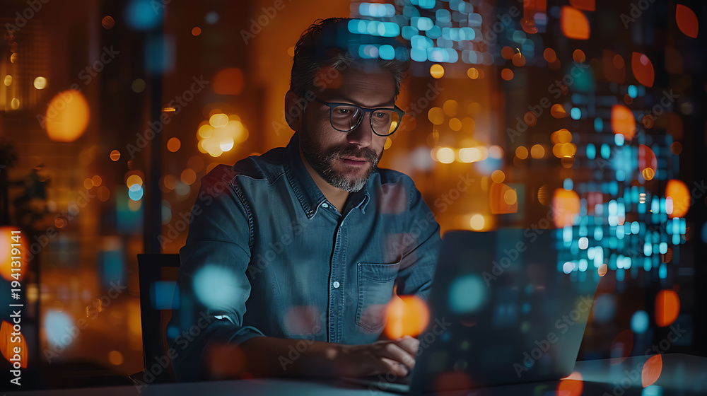 Obraz premium Mature man with glasses working on laptop at night with city lights reflection, analyzing data and coding, cybersecurity, remote work, digital technology, programming and focused professional concept