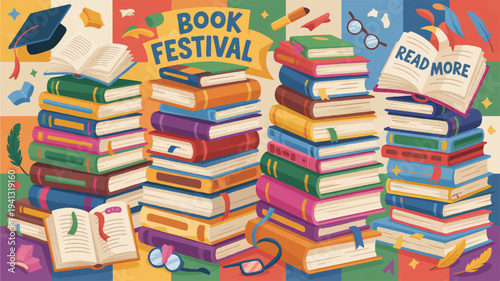 Vibrant book stacks with graduation cap and reading accessories at a festival event