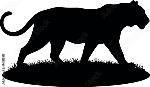 Black Panther Silhouette Walking on Grass Vector Isolated on White Background