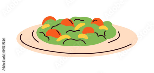 Vegetarian dish served on plate. Green gourmet food, restaurant meal. Abstract vegan salad, veg eating. Haute cuisine snack. Flat vector illustration isolated on white background