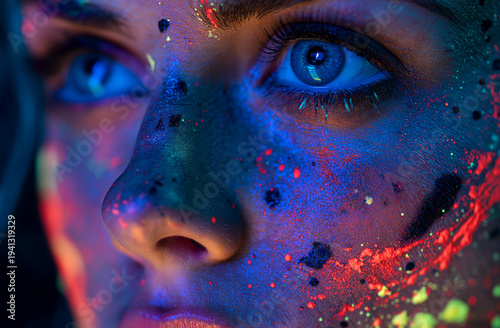 A close-up portrait of a woman with vibrant colorful paint splatters on her face