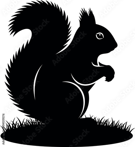 Black Squirrel Silhouette Vector on Grass Isolated for Wildlife and Nature Design