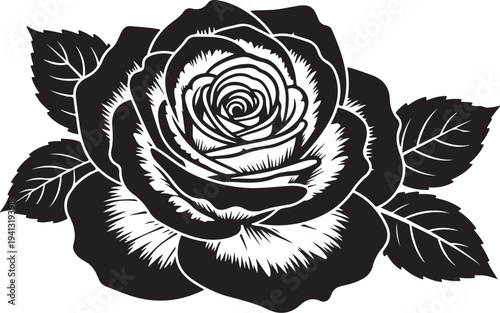 Black and White Rose Illustration with Leaves Isolated