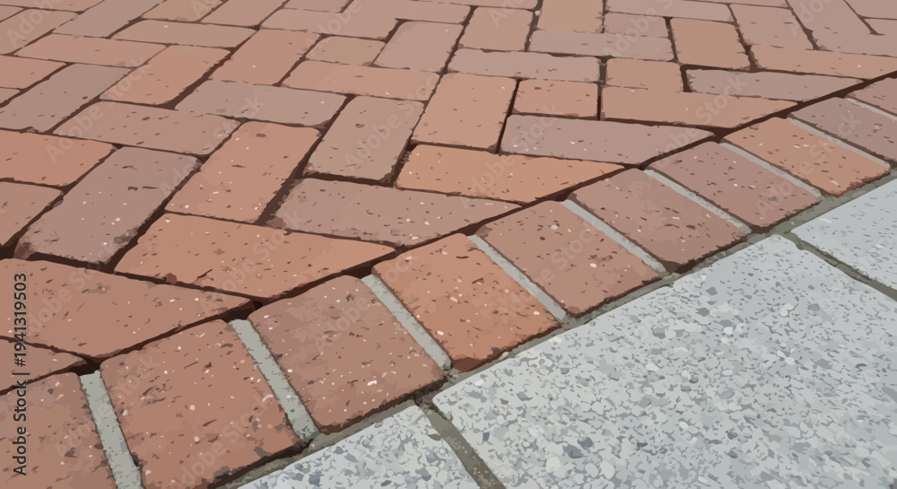 Fototapeta premium Red Brick Paving Herringbone Pattern Bordered by Concrete Pavers
