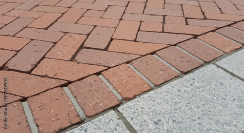 Red Brick Paving Herringbone Pattern Bordered by Concrete Pavers