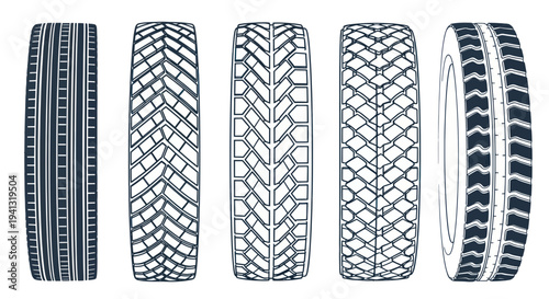Set of Five Different Car Tire Treads - Vector Illustration