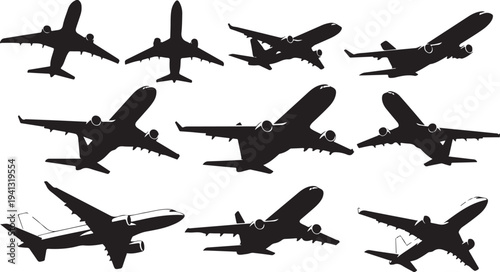 Collection of airplane silhouettes in various flight positions