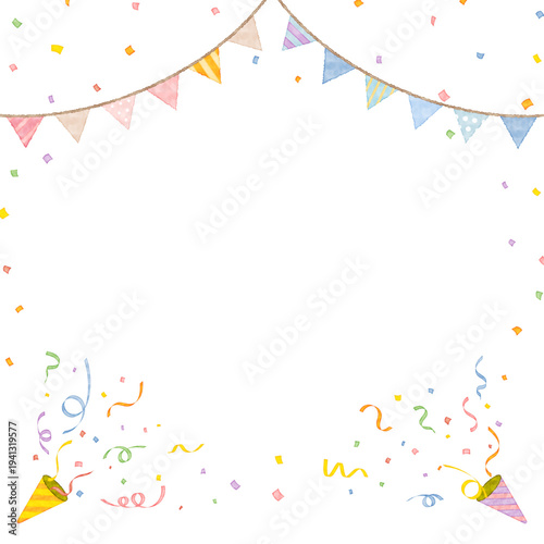 水彩風　カラフルなガーランドとクラッカーと紙吹雪の背景 コピースペース付き 正方形ベクター