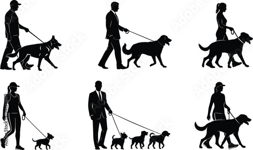 PrintProfessional Dog Walker Silhouettes Set with People Walking Different Pedigree Pets on Leashes