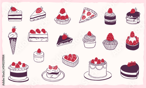strawberry desserts - cake, bread, ice cream hand drawing illustration collection set - vector line art