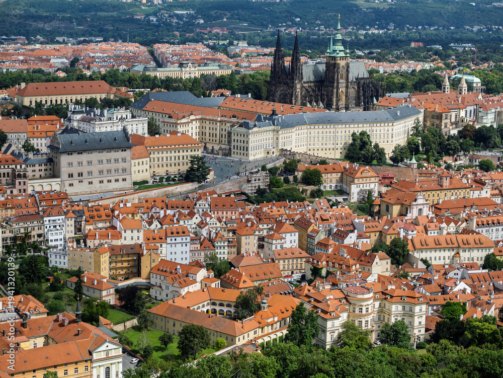 Obraz premium Close View Of Prague Castle Complex And St. Vitus Cathedral Above Red Roof Lesser Town Houses, Prague, Czech Republic
