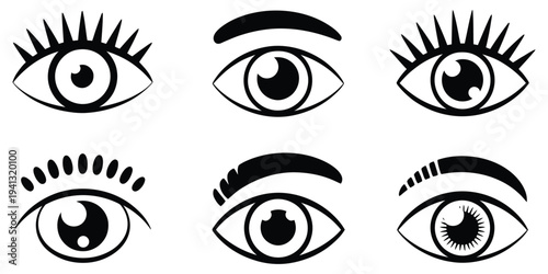 Set of six minimalist eye icons with different eyelash and eyebrow designs for beauty concepts.