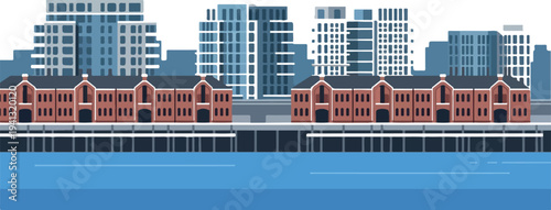 Cityscape vector illustration with waterfront buildings and skyscrapers