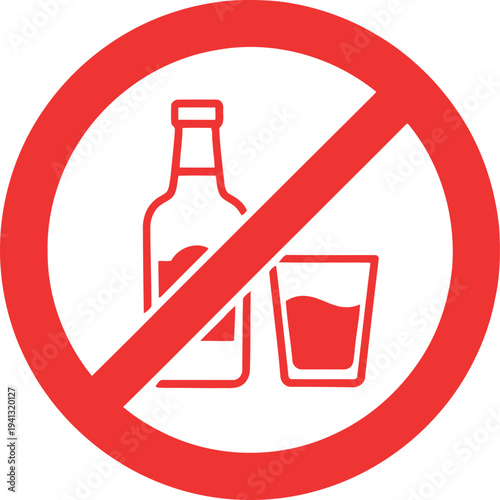 No Alcohol Sign Icon – Red Prohibition Symbol for Alcohol-Free Zones, Bars, Public Spaces, Health Campaigns