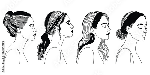 Black and white line art sketches of a woman with four different elegant hairstyles in profile
