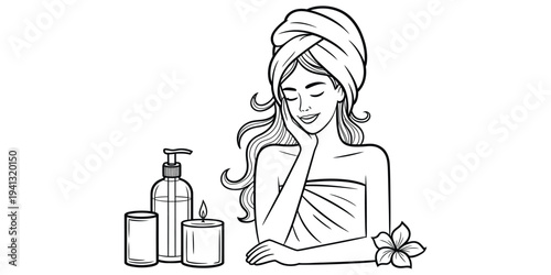 Line art illustration of a beautiful woman relaxing in a spa with skincare products and candles.