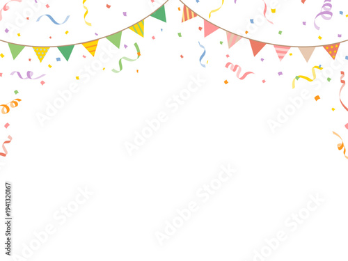三角旗ガーランドと紙吹雪・リボンのパーティー背景 コピースペース付きベクター素材