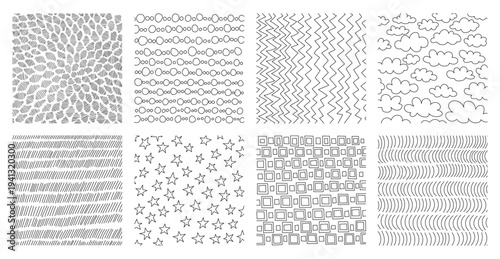 Crosshatch textures featuring hand-drawn line work and doodle pattern vector illustration set. Pencil sketch hatching with geometric grunge strokes, dots, and vintage scribble elements for background.