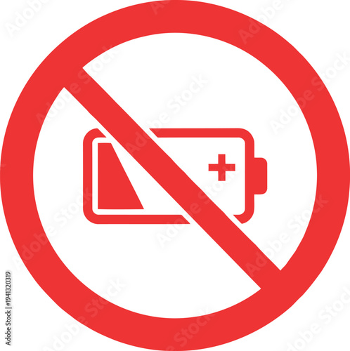 No Battery Icon Red Warning Sign, Low Power Prohibition Symbol for Device Safety