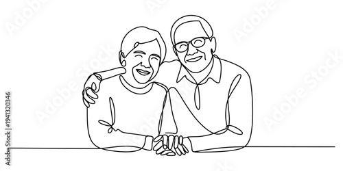 Continuous line drawing of a happy elderly couple smiling and hugging each other warmly.