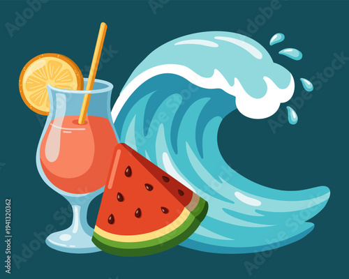 Ocean wave with cocktail and watermelon. Summer beach composition. Cartoon vector illustration on marine blue background 