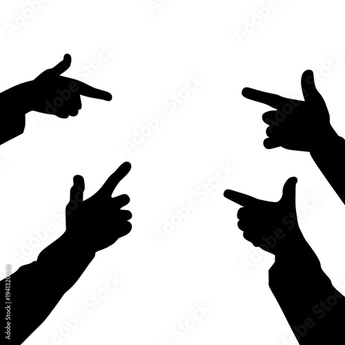 Silhouette of hands pointing fingers. Set of hand gestures showing direction or accusation. Pointing hand icons isolated on white background.