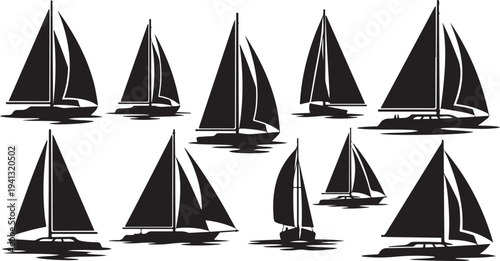 Sailboats on Water in Black and White Silhouette Style