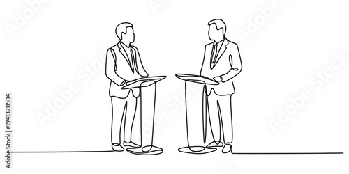 Continuous line drawing of two men in suits standing at podiums during a public debate