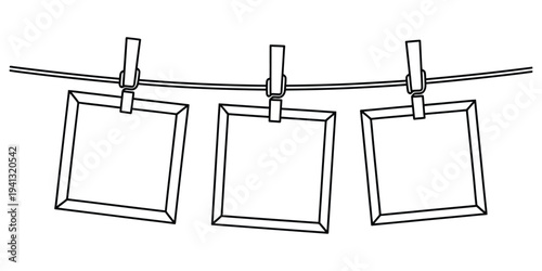 Sketch of three blank picture frames hanging on a clothesline with wooden clothespins