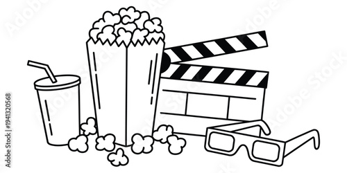 Cinema icons including a popcorn bucket, soda cup, clapperboard, and 3d glasses in line art style.