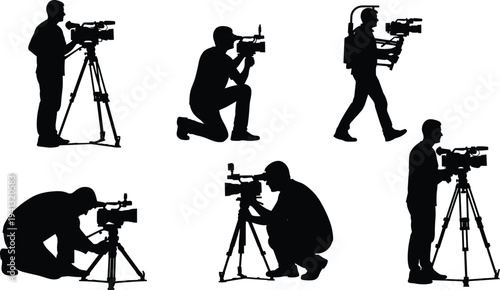 PrintProfessional Cameraman Silhouettes Set with Media Production Crew and Television Broadcasting Video Equipment