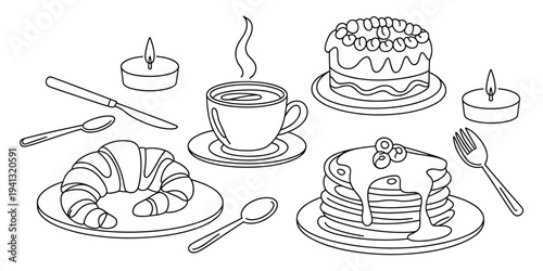 Line art illustration of a cozy breakfast spread with pancakes croissant coffee and cake
