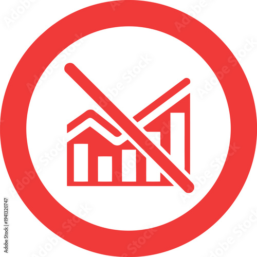 No Growth Icon – Red Prohibition Sign with Declining Bar Chart for Financial Crisis or Business Loss