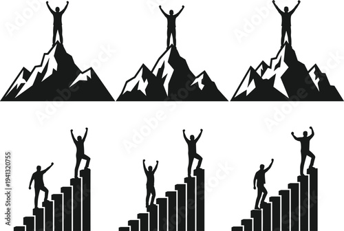 PrintBlack vector silhouettes of people climbing mountains and rising bar charts for success.