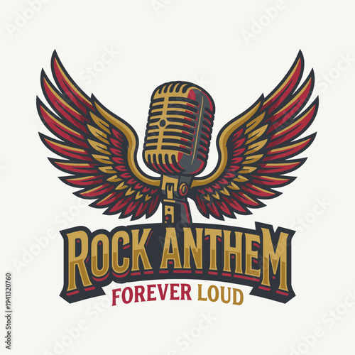 A powerful graphic showcasing a vintage microphone with majestic wings, embodying the essence of rock music and freedom of expression, perfect for music lovers.