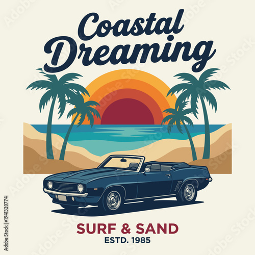 An enchanting depiction of a vintage car on a picturesque beach, under a colorful sunset with waves, epitomizing the spirit of surfing and coastal living.
