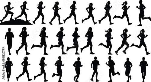 PrintBlack vector silhouettes of men and women running and jogging in various athletic poses.