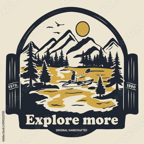 A serene representation of kayaking through a tranquil river landscape dotted with majestic mountains and lush trees, highlighting harmony with nature and adventure.