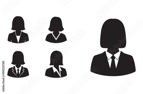Set of five different black silhouettes of business women, showing various professional hairstyles and formal wear, including blazers, suits, and blouses