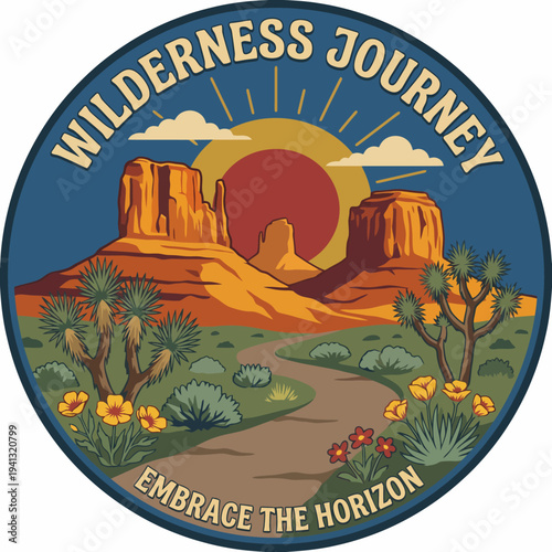 A striking landscape of red rock formations under a vibrant sunset, filled with desert flora, inviting adventurers to embrace the wild wilderness around them.